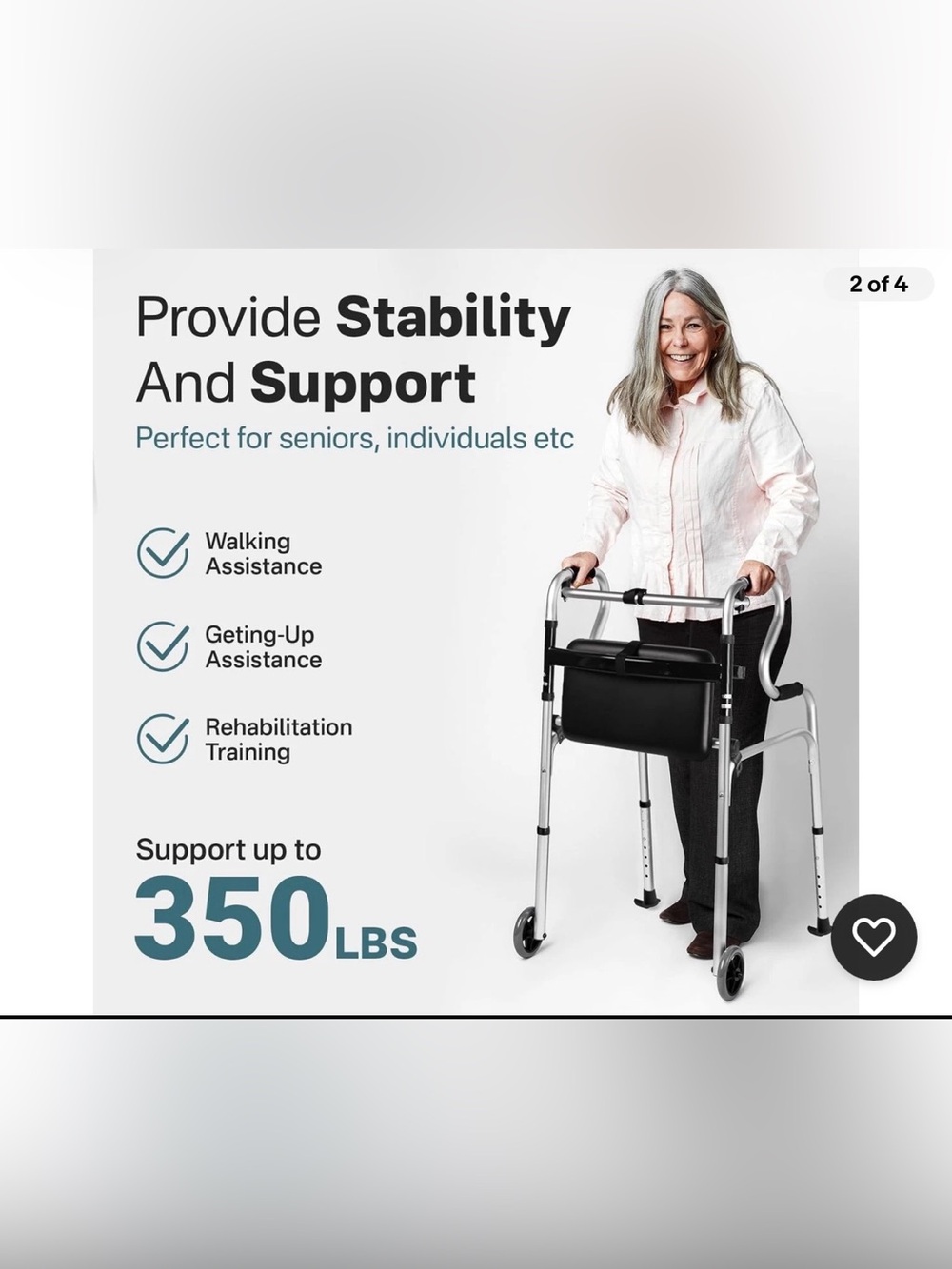 Adjustable Rolling Walker with Built-In Seat - Silver & Black